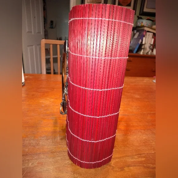 Asian Inspired Burgundy Bamboo-Look Handbag, 2 Lucite Handles, Snap Clos… - Picture 3 of 9